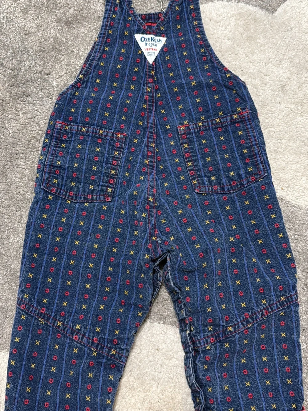 VINTAGE OshKosh B'gosh Denim Patterned Overalls - Navy with Red Accents